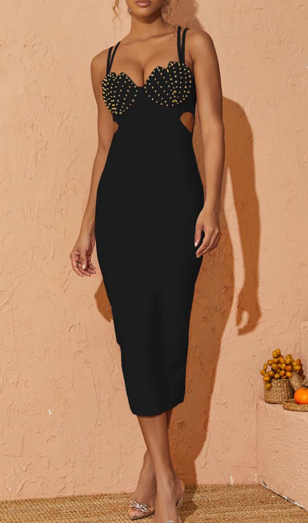81fc7ac8abb7728c7ec3e3945a9e2361.jpeg Fashionslee Women Shell Strap Beading Midi Dress In Black