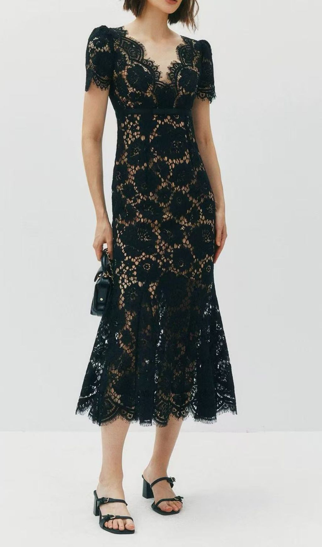 Fashionslee Women Imelda Black V-Neck Lace Midi Dress