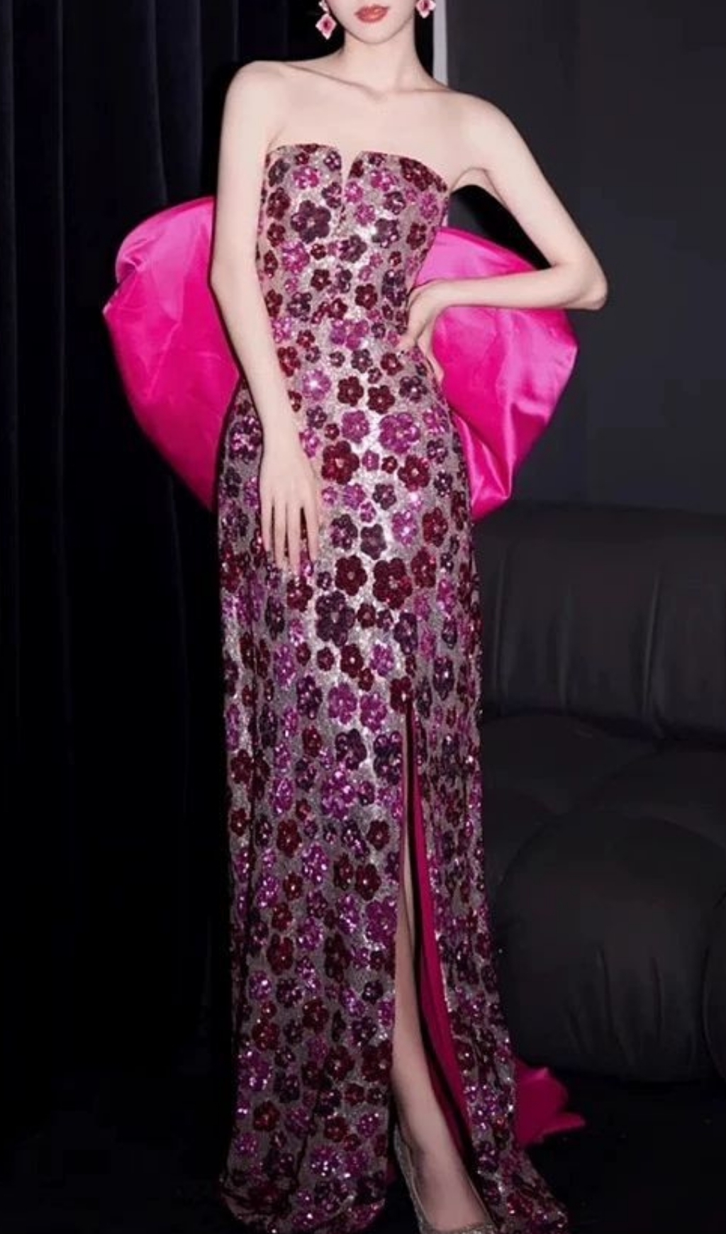 Fashionslee Women Famke Strapless Bow Flower Sequin Maxi Dress