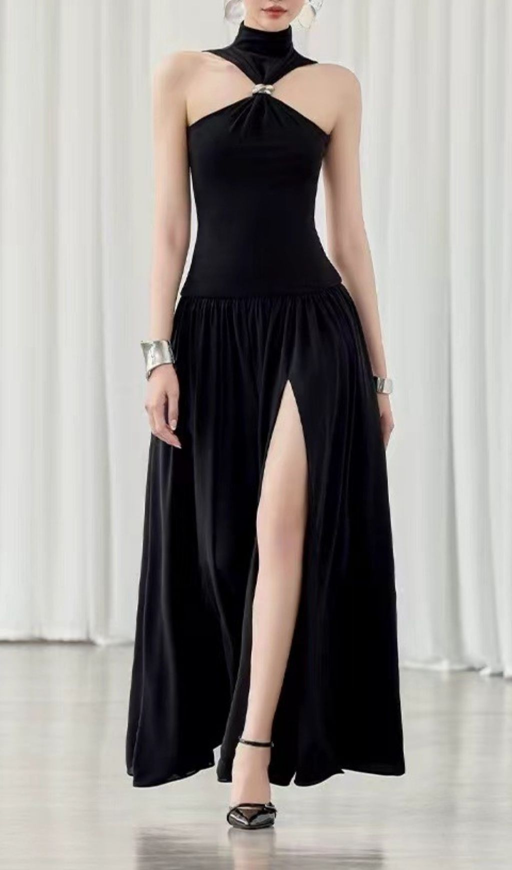 Fashionslee Women Kelley Black Halter Slit Maxi Dress
