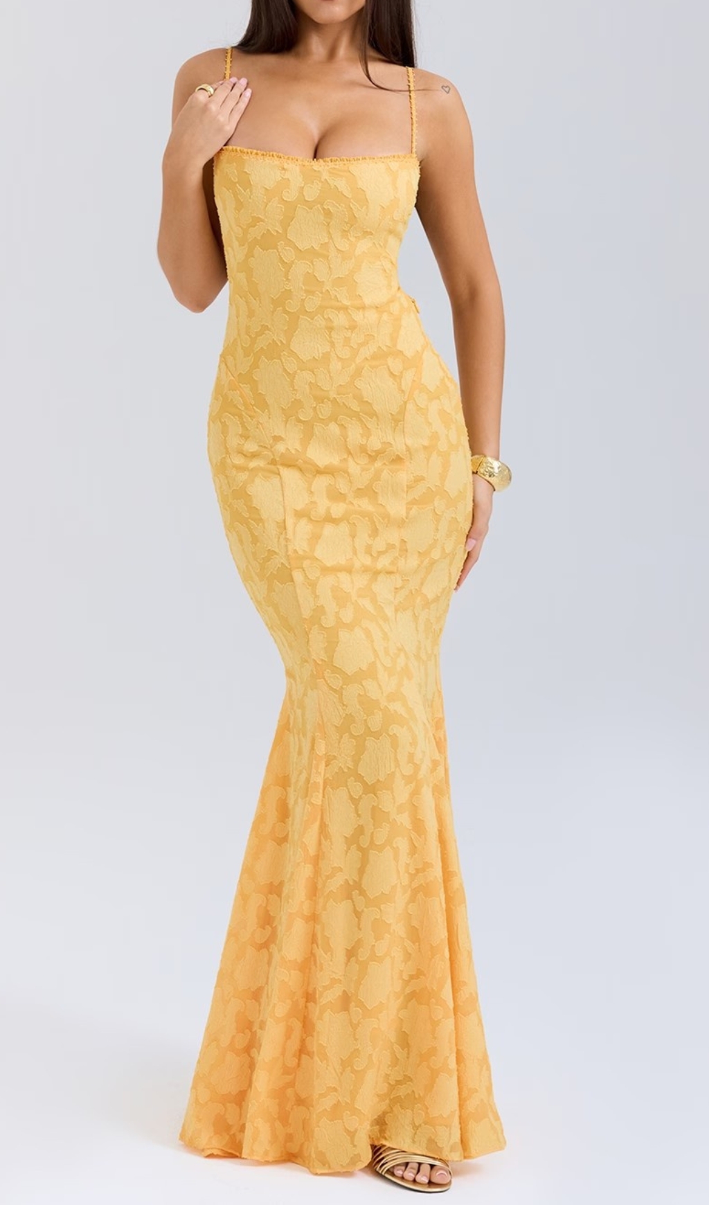 Fashionslee Women Cili Yellow Lace-Up Fishtail Maxi Dress