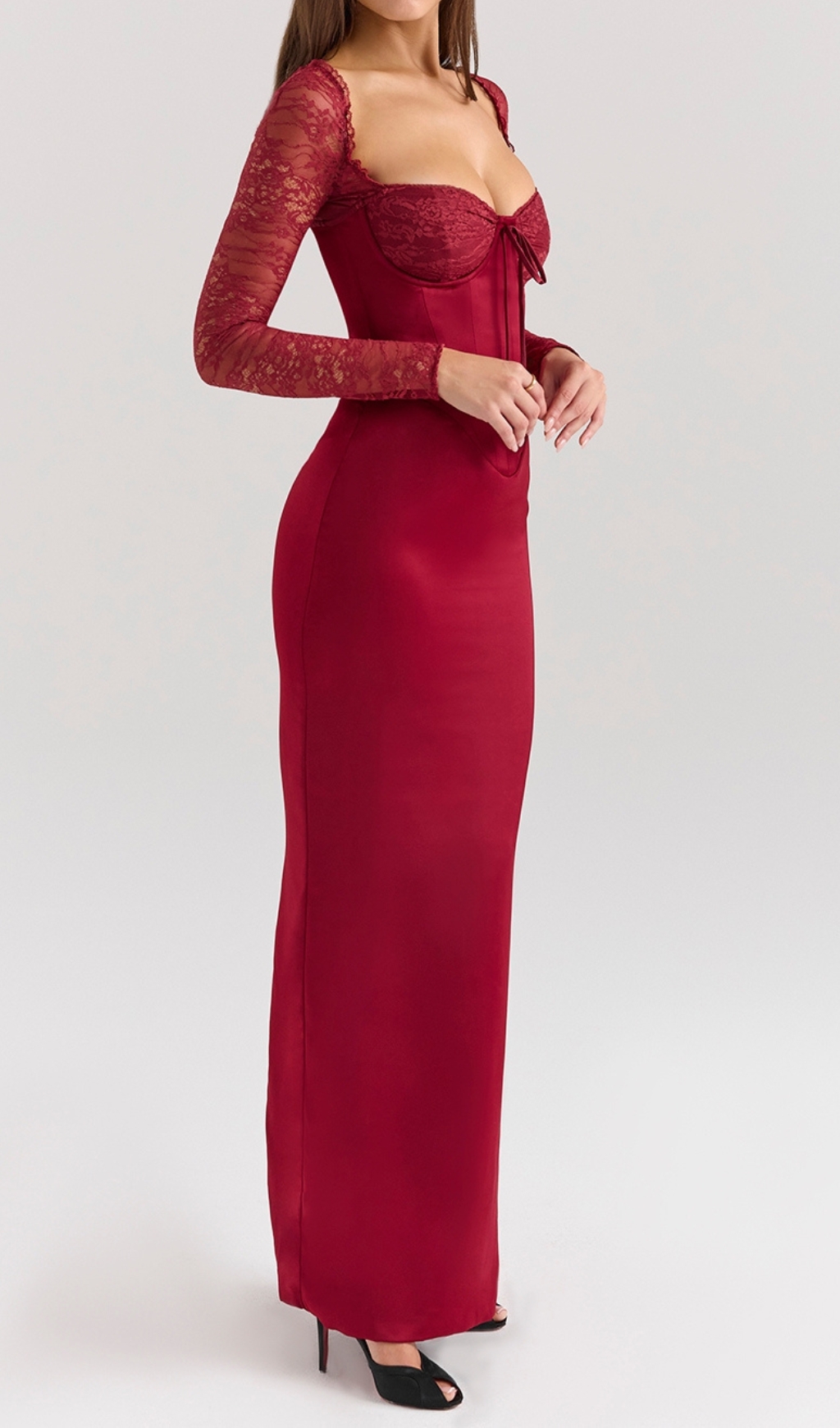 Fashionslee Women Cazzie Red Lace Long Sleeve Maxi Dress