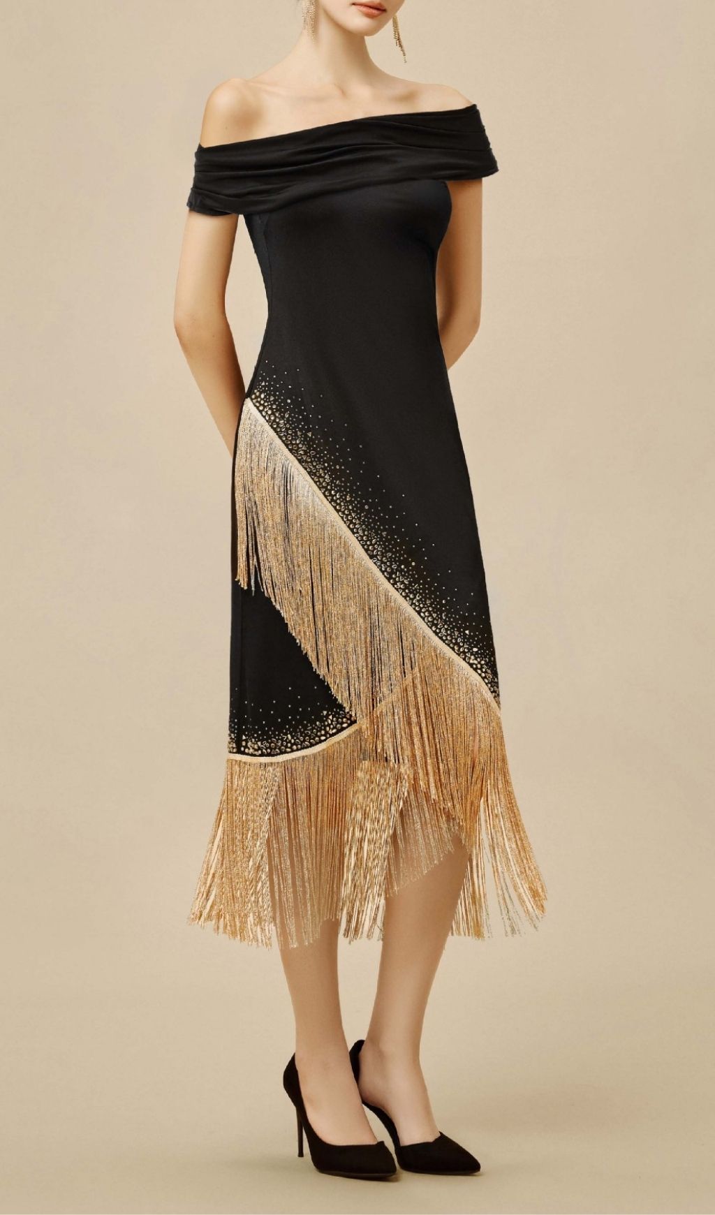 Fashionslee Women Koda Gold Tassel Diamante Bandage Midi Dress