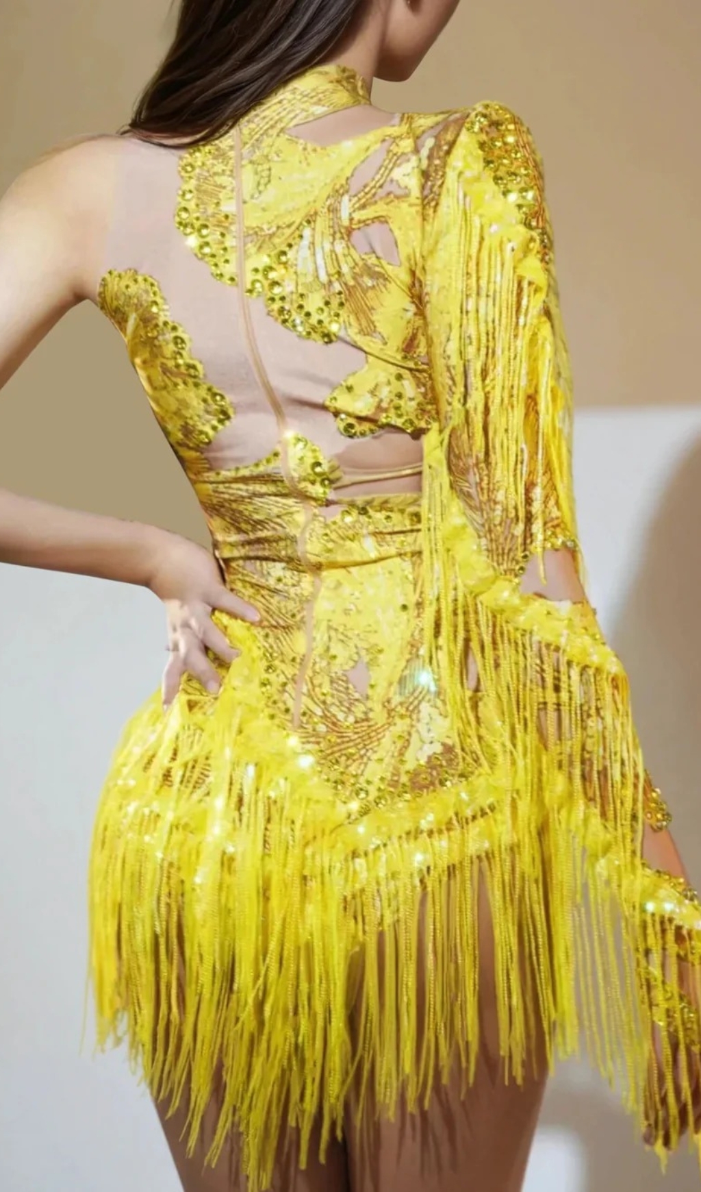 Fashionslee Women Shatora One Shoulder Rhinestone Fringe Bodysuit In Yellow