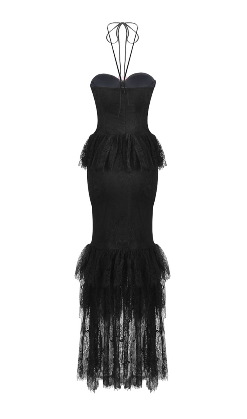 Fashionslee Women Black Halter Floral Lace Ruffle Maxi Dress