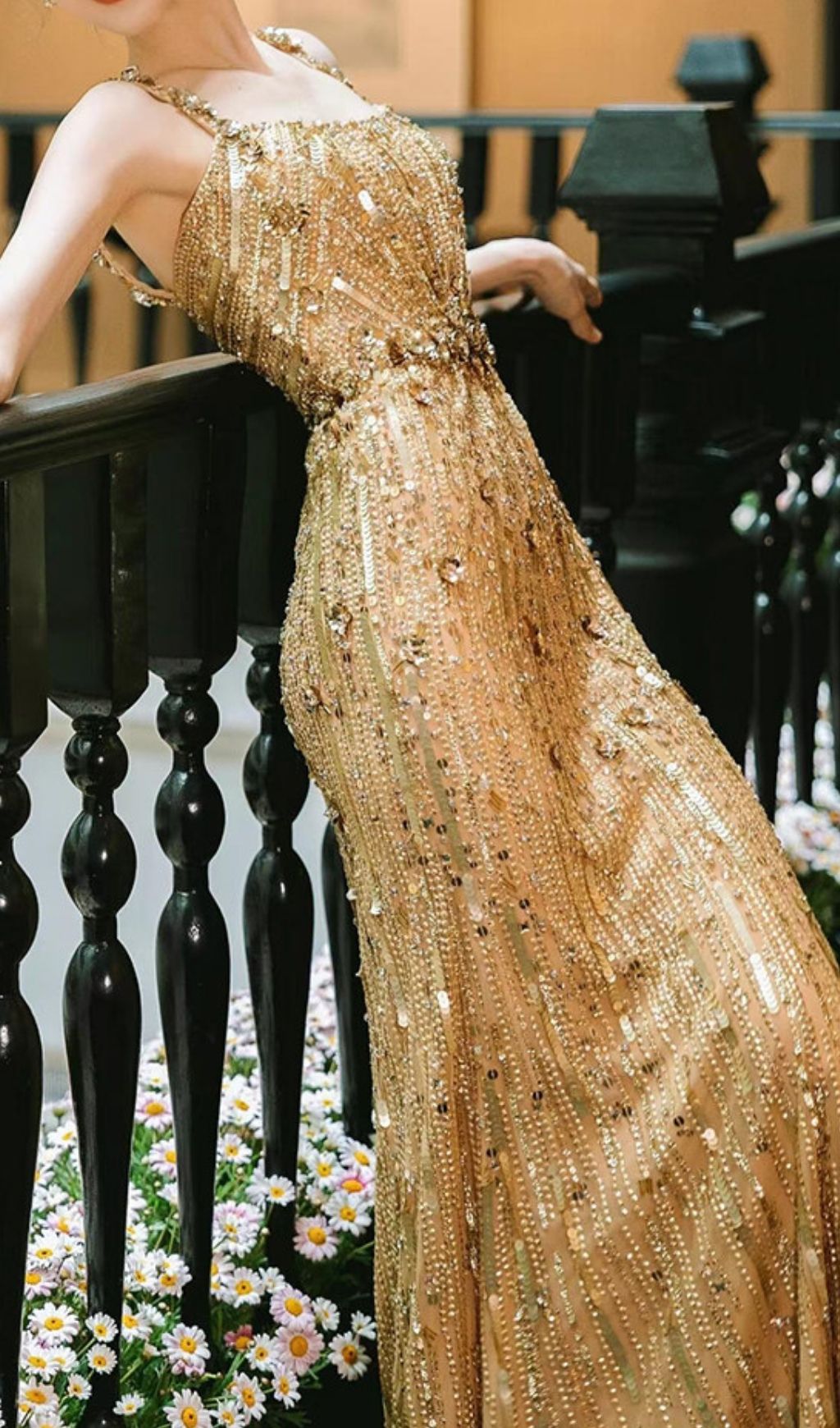 Fashionslee Women Kristin Gold Strappy Embellished Maxi Dress