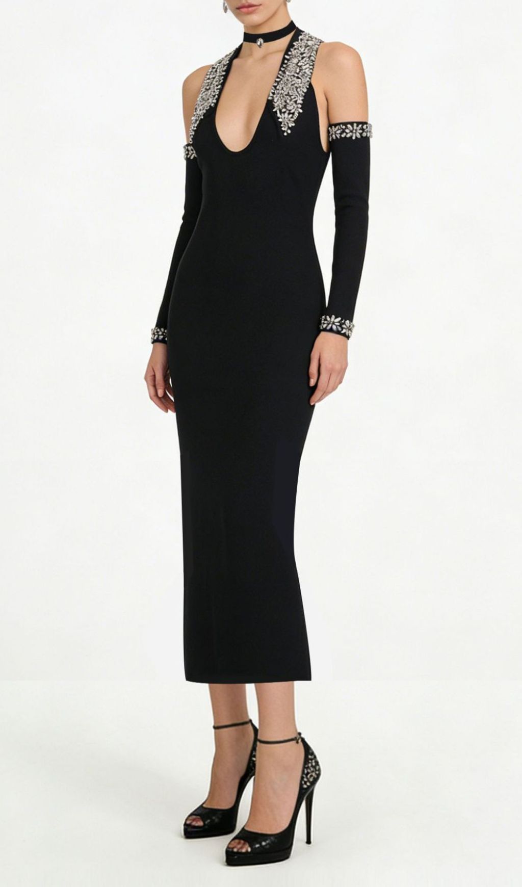 Fashionslee Women Jeneal Black Halter Diamante Midi Bandage Dress