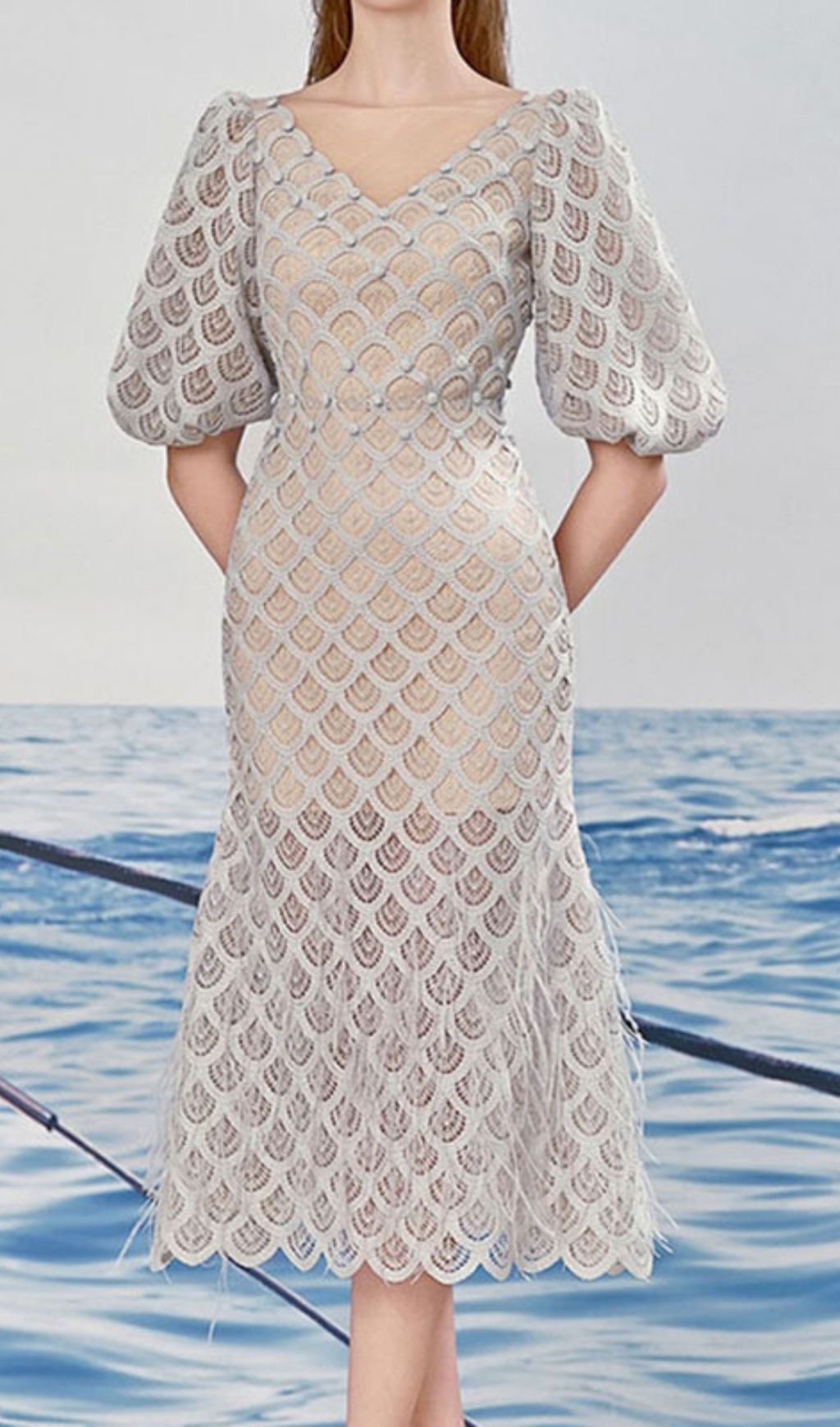 Fashionslee Women Ciara Puff Sleeve Lace Midi Dress