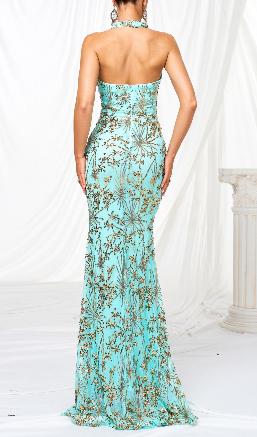 Fashionslee Women Fiadh Green Halter Sequin Slit Maxi Dress