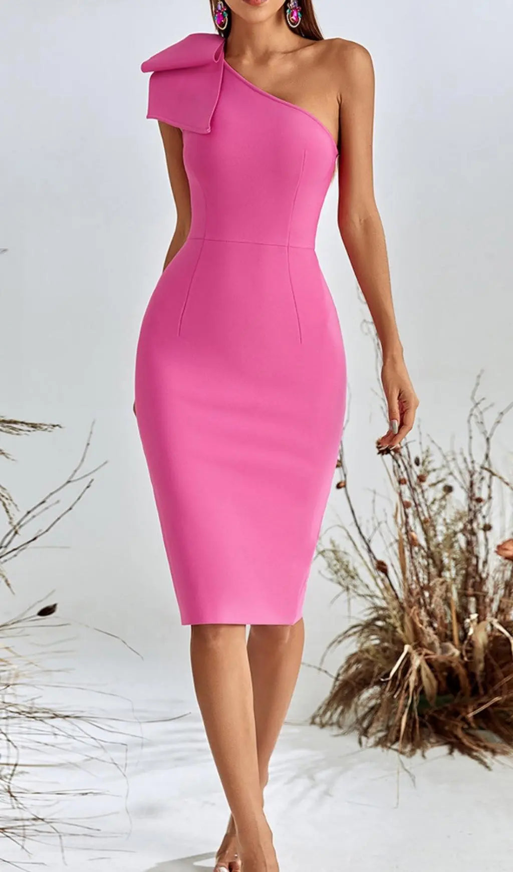 Fashionslee Women Pink One Shoulder Midi Cocktail Dress