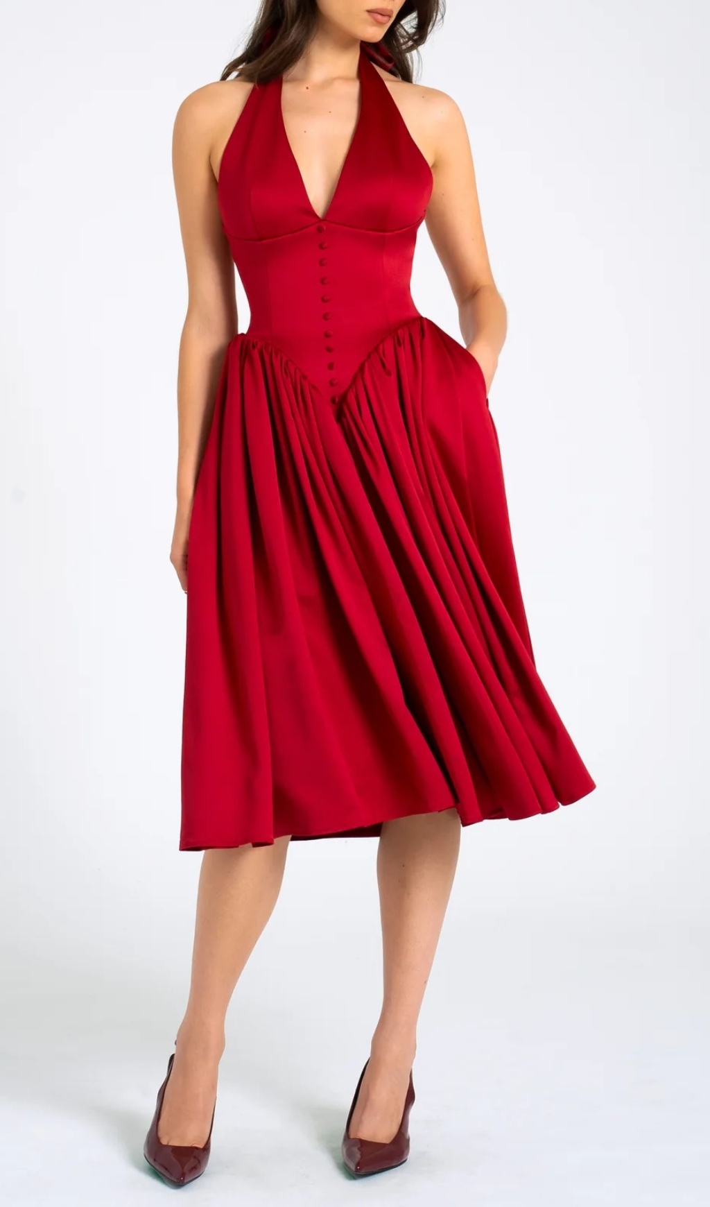 RED PLUNGING HALTER BACKLESS MAXI DRESS - OWNCI RED PLUNGING HALTER BACKLESS MAXI DRESS - OWNCI