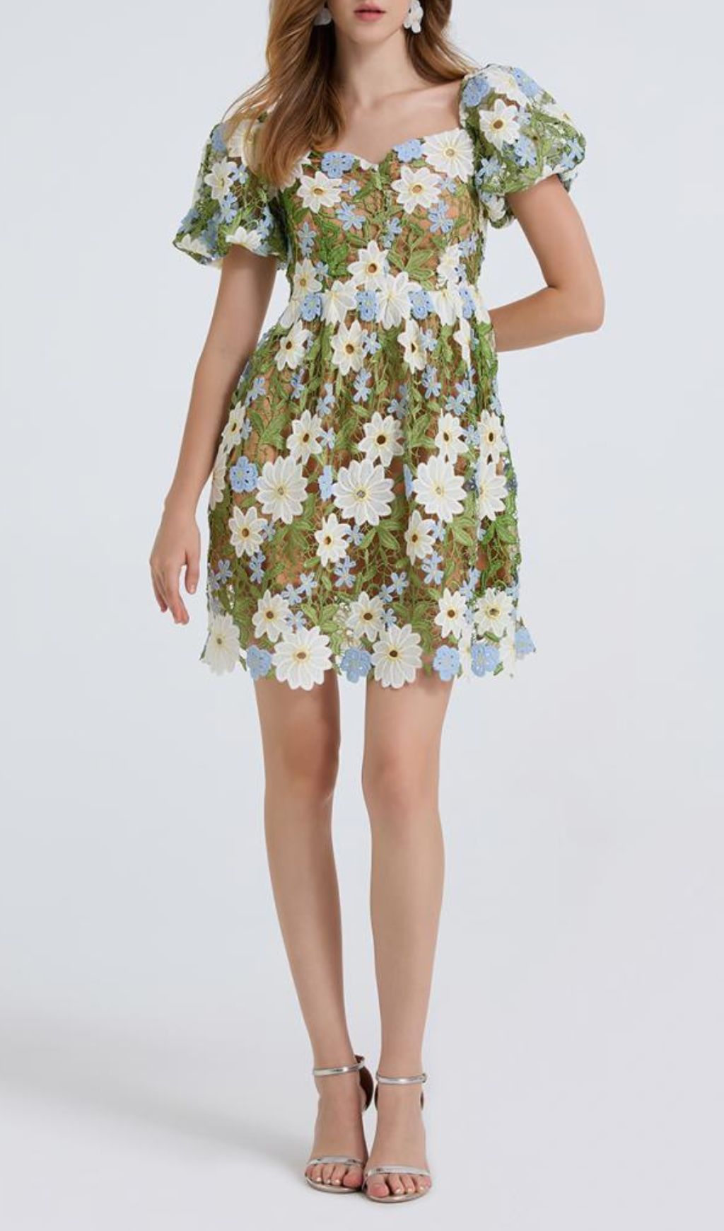 Fashionslee Women Fiducia Green Flower Embroidery Puff Sleeve Mini Dress