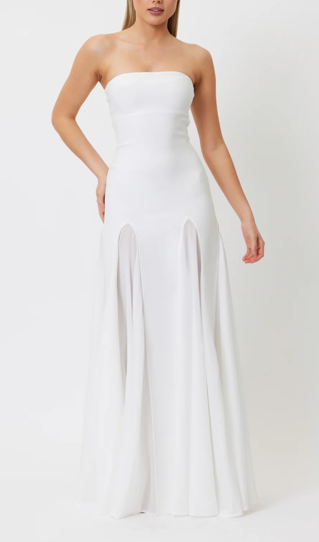 847859753b929f1febe768cab3eae9b5.jpg Fashionslee Women Strapless Mesh Insert A Line Maxi Dress White