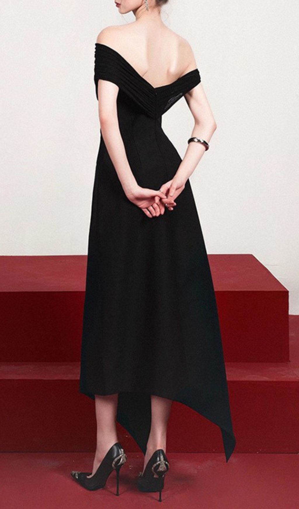 Fashionslee Women Iris Black Off-Shoulder Irregular Hem Maxi Dress