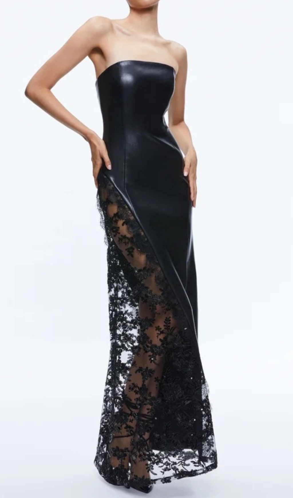 Fashionslee Women Caley Black Strapless Leather Lace Maxi Dress