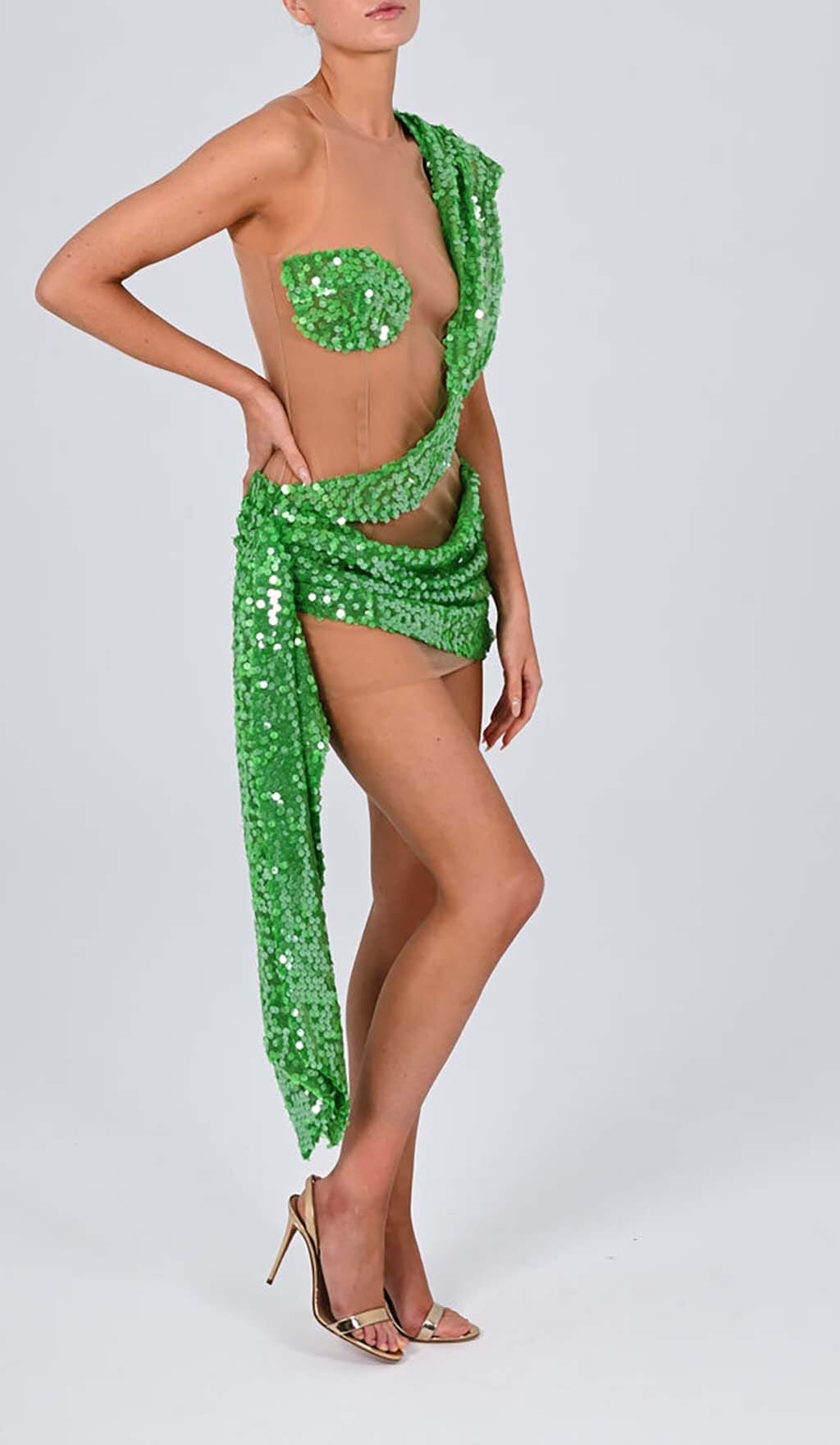 EMERALD SEQUIN DRAPE MESH MINI DRESS - OWNCI EMERALD SEQUIN DRAPE MESH MINI DRESS - OWNCI