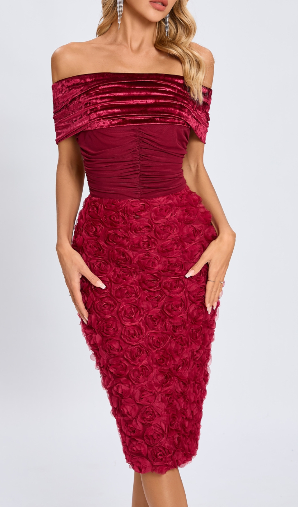 Fashionslee Women Colletta Red Off-Shoulder Ruched Flower Midi Dress
