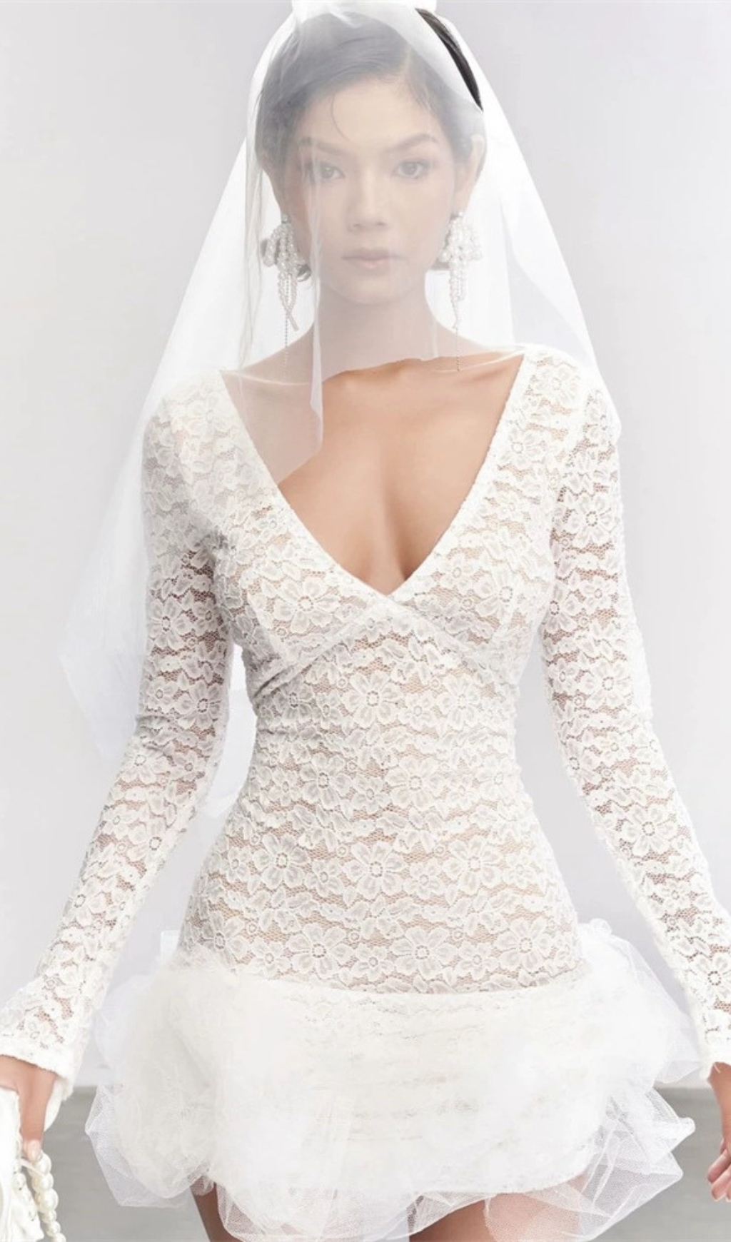 Fashionslee Women Dena White Lace Long Sleeve Mini Dress