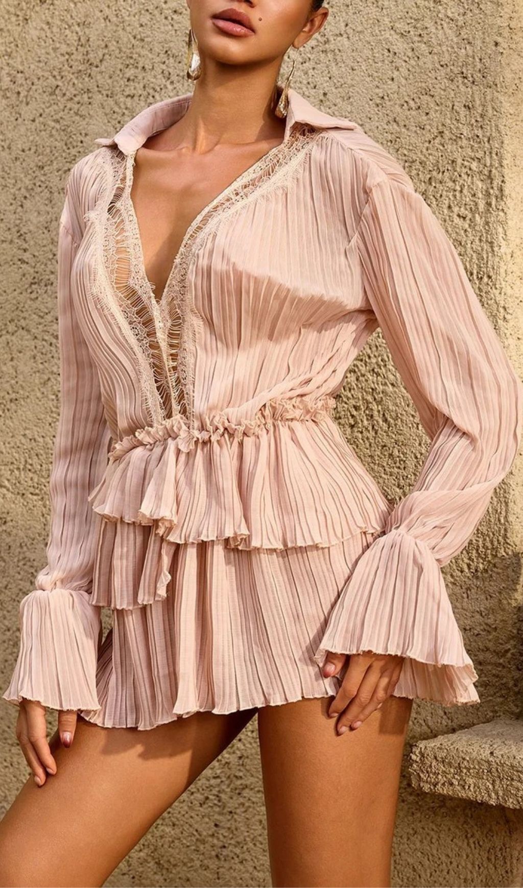 Fashionslee Women Lorthane Plunge Neck Pleated Tiered Mini Dress