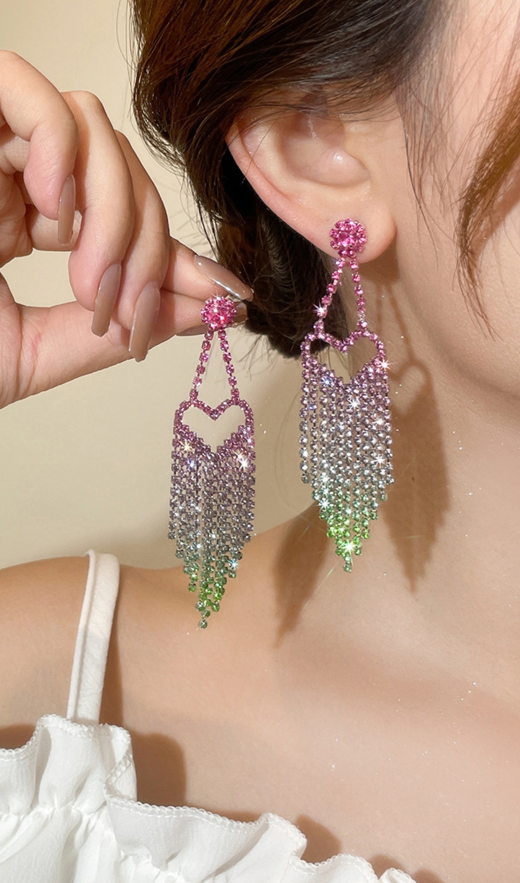 Fashionslee Women Demetra Rhinestone Heart Tassel Earrings
