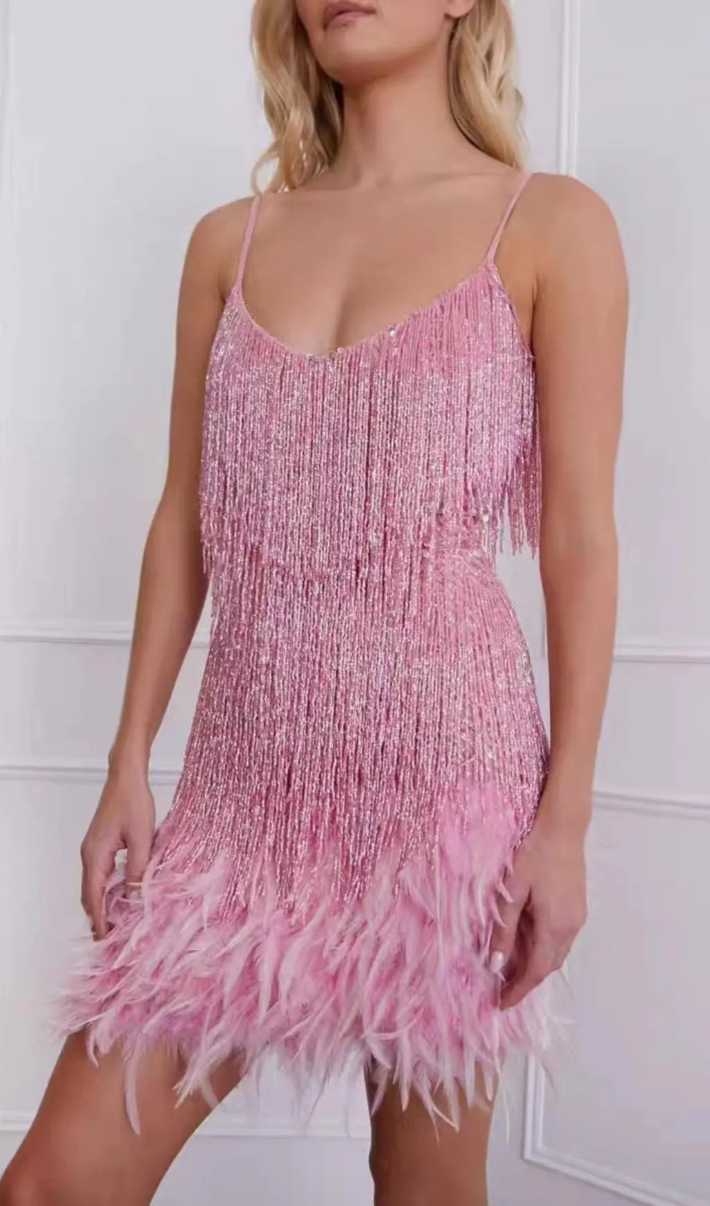 Fashionslee Women Tassel Feather Mini Dress In Pink