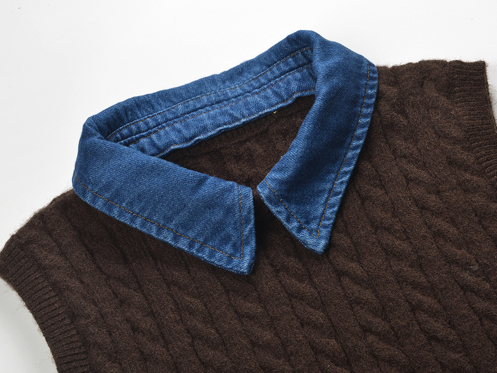 TRENDING CABLE KNIT SWEATER WITH DENIM COLLAR - OWNCI