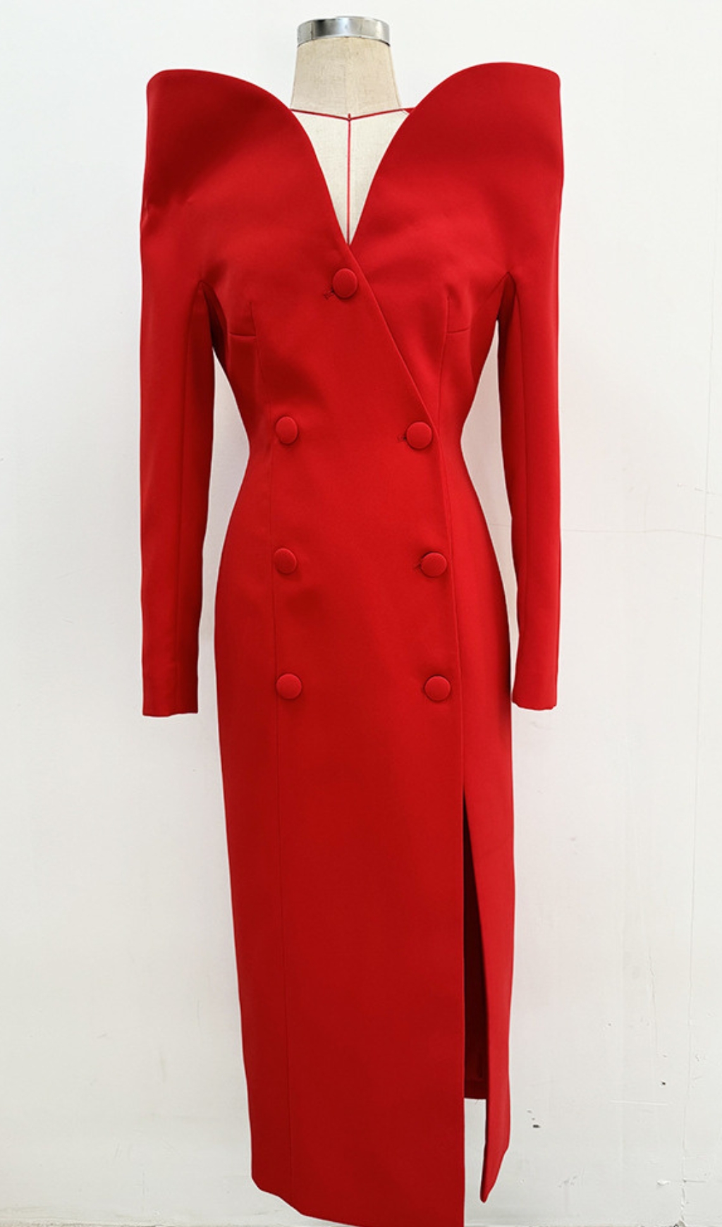 Fashionslee Women Brittania Red V-Neck Long Sleeve Midi Blazer Dress