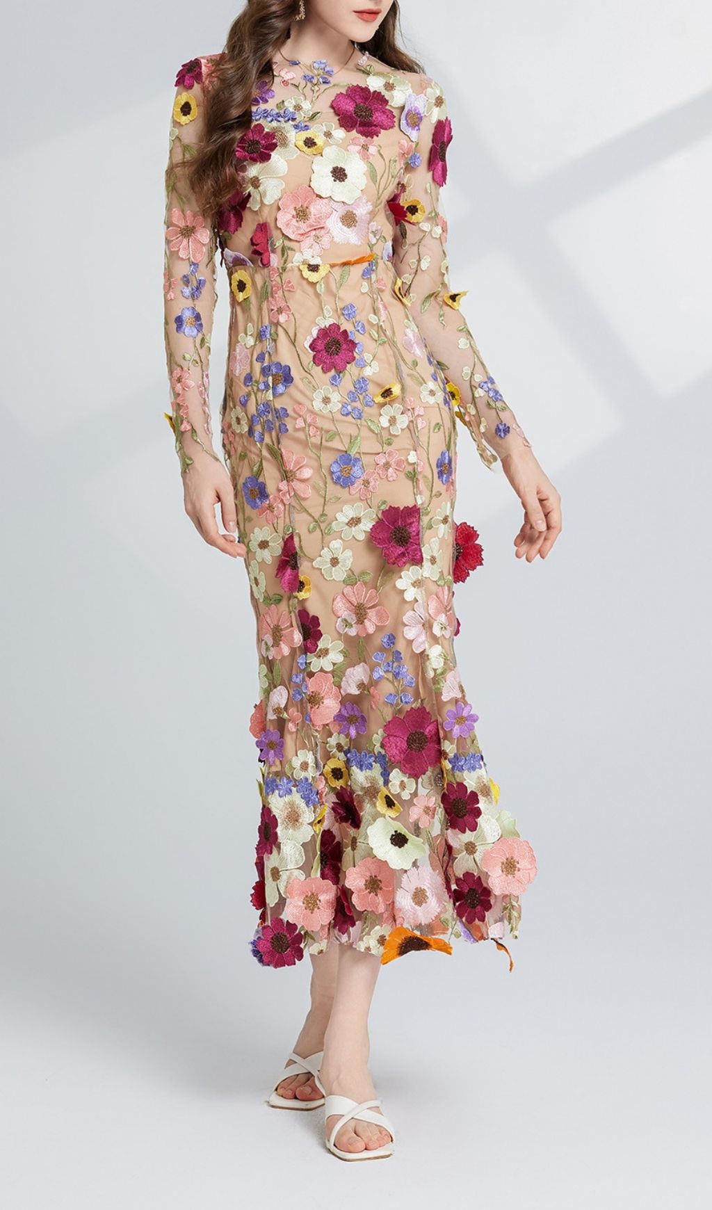 859511c72dc00b0c71625e5f6047589a.jpg Fashionslee Women Carol Floral Embroidery Mesh Fishtail Long Sleeve Midi Dress