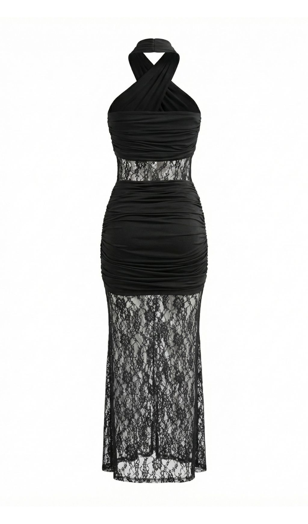 Fashionslee Women Jaelle Black Halter Lace Ruched Maxi Dress