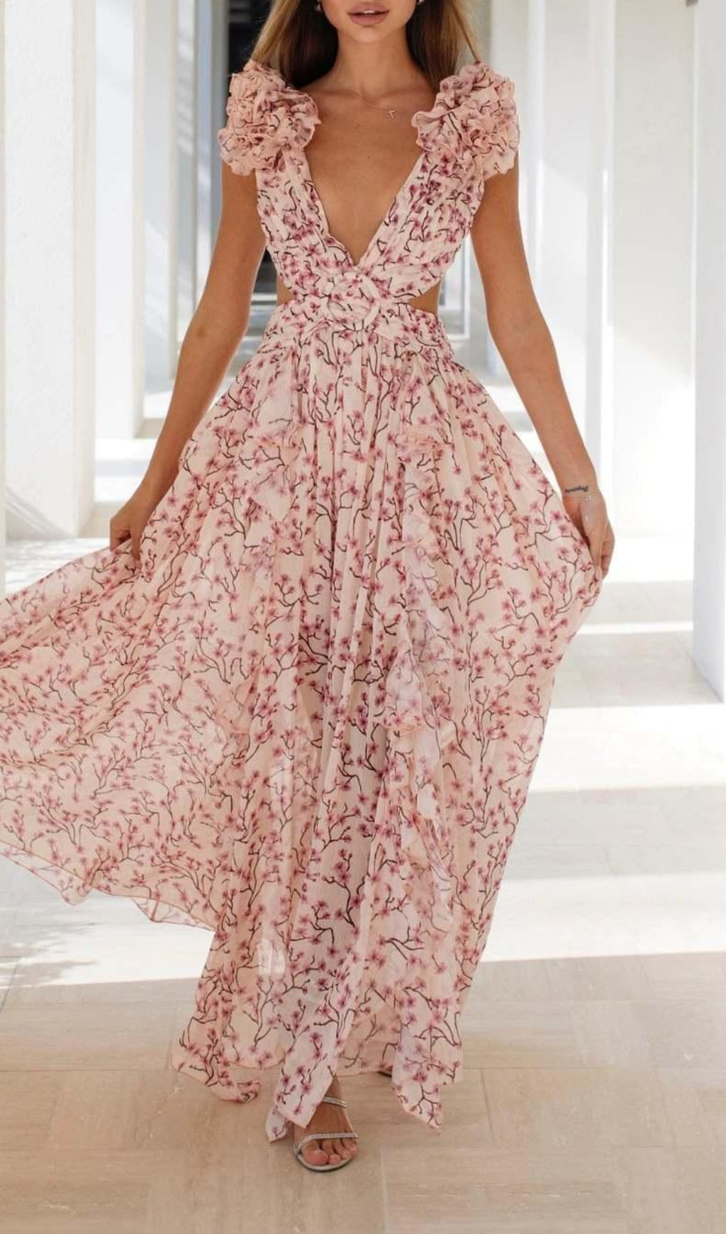 85dc63b625b922e596ac16bfe0fb706f.jpeg Fashionslee Women Anjelica Pink Ruffled Floral Maxi Dress