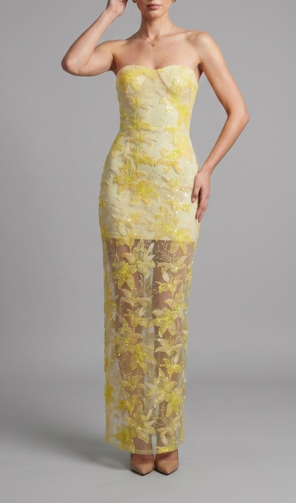 Fashionslee Women Kikuyo Yellow Strapless Sequin Floral Maxi Dress
