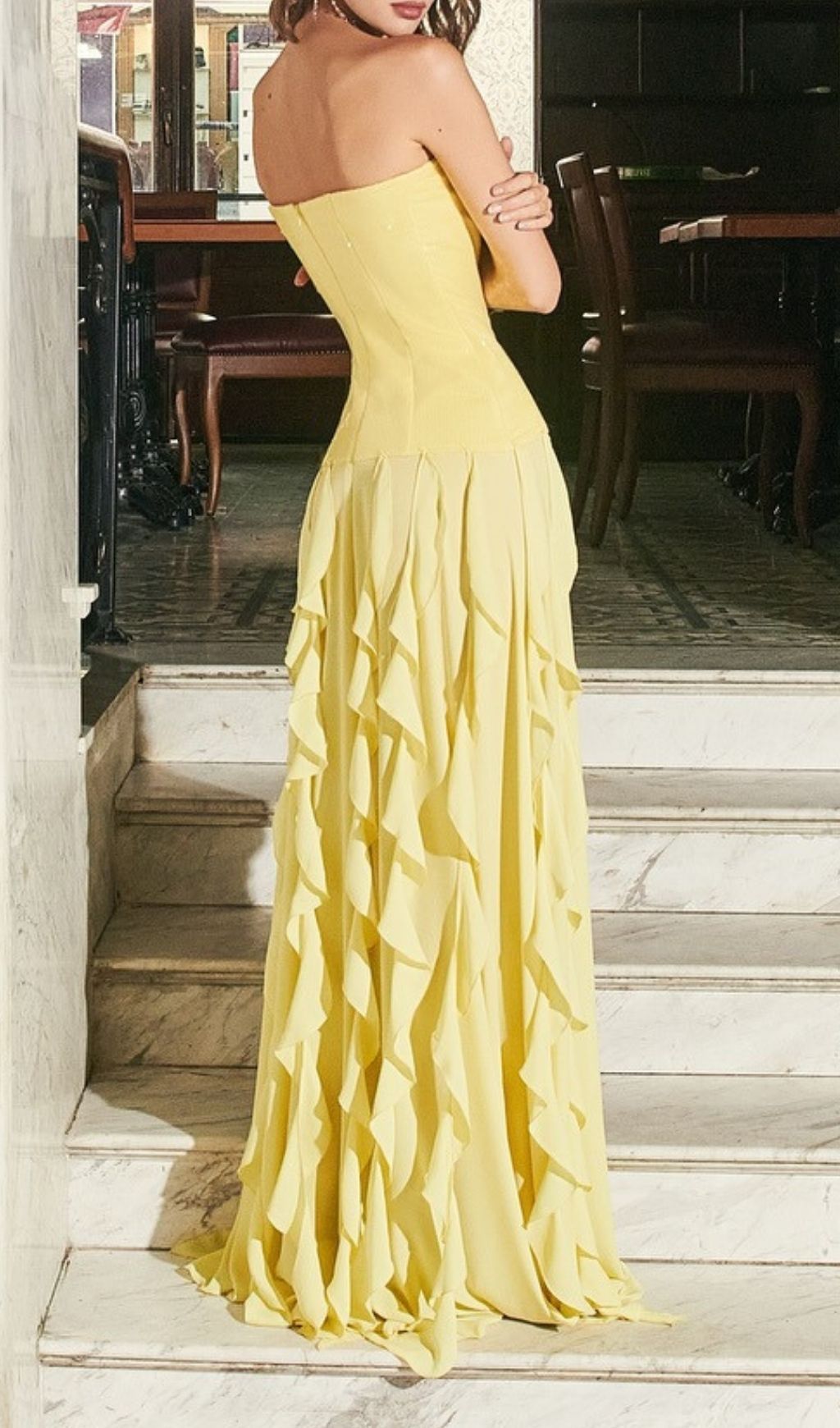 Fashionslee Women Kalki Yellow Strapless Sequin Ruffle Maxi Dress