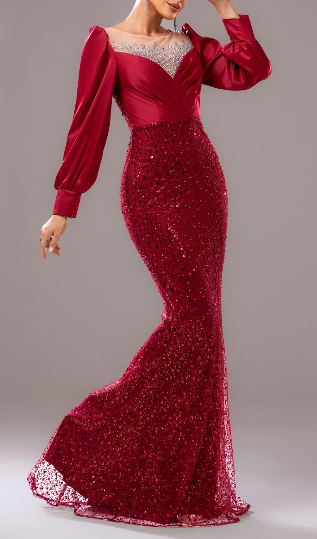 Fashionslee Women Colum Red Sequin Long Sleeve Maxi Dress