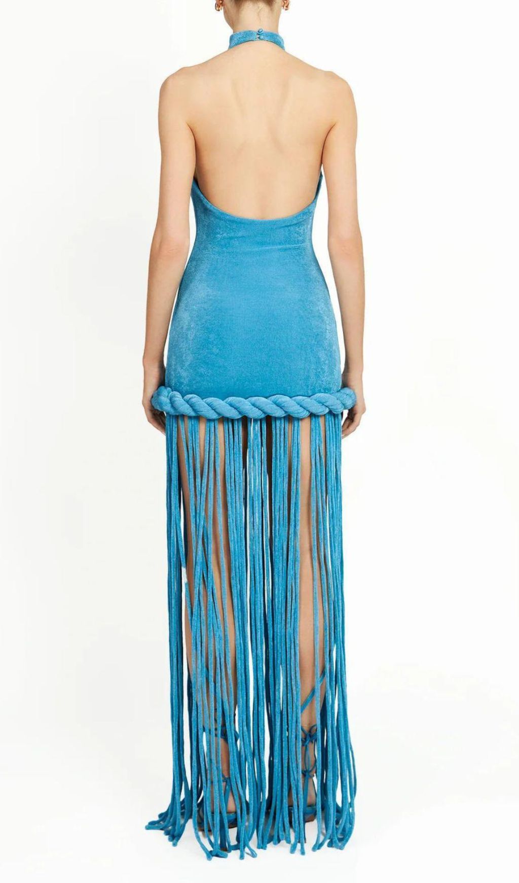 Fashionslee Women Jamie Blue Halter Tassel Velvet Maxi Dress