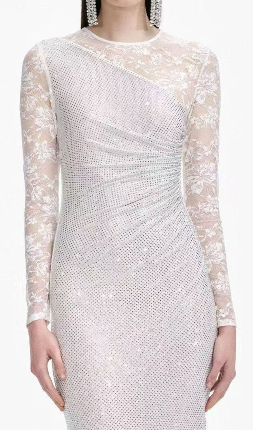 WHITE RHINESTONE LACE MAXI DRESS VIRAL SPLIT - OWNCI WHITE RHINESTONE LACE MAXI DRESS VIRAL SPLIT - OWNCI