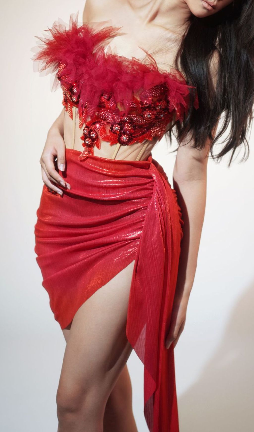 Fashionslee Women Izefia Red Beaded Corset Top & Skirt Set