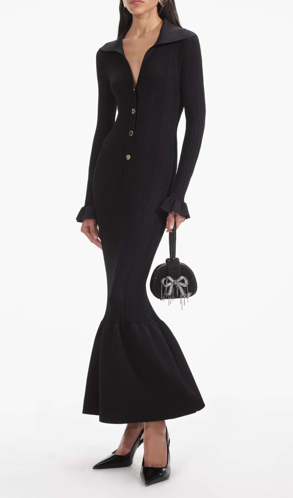 8697242534cf5cb2fe5be10d54fcc63a.jpg Fashionslee Women Black Ribbed Knit Fluted Midi Dress