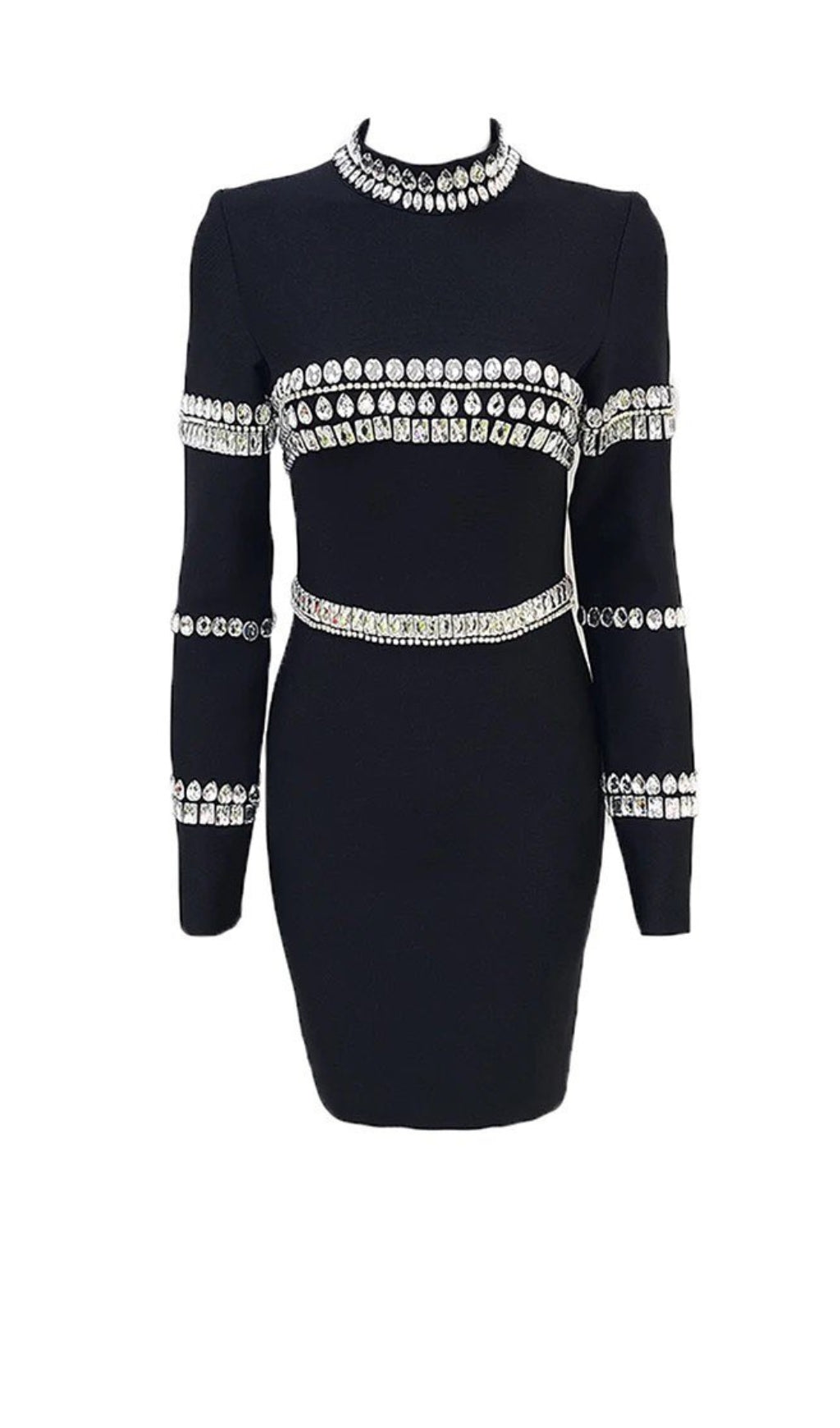 86d1d50843f3a404f5ba35f9beb4b6b8.jpeg Fashionslee Women Silver Stones Long Sleeve Mini Dress In Black