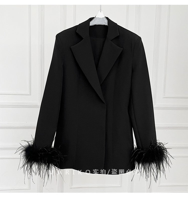 86e74432f30d055a3a8959bc89cd2d50.jpeg Fashionslee Women Velvet Feather-Trim Jacket In Black