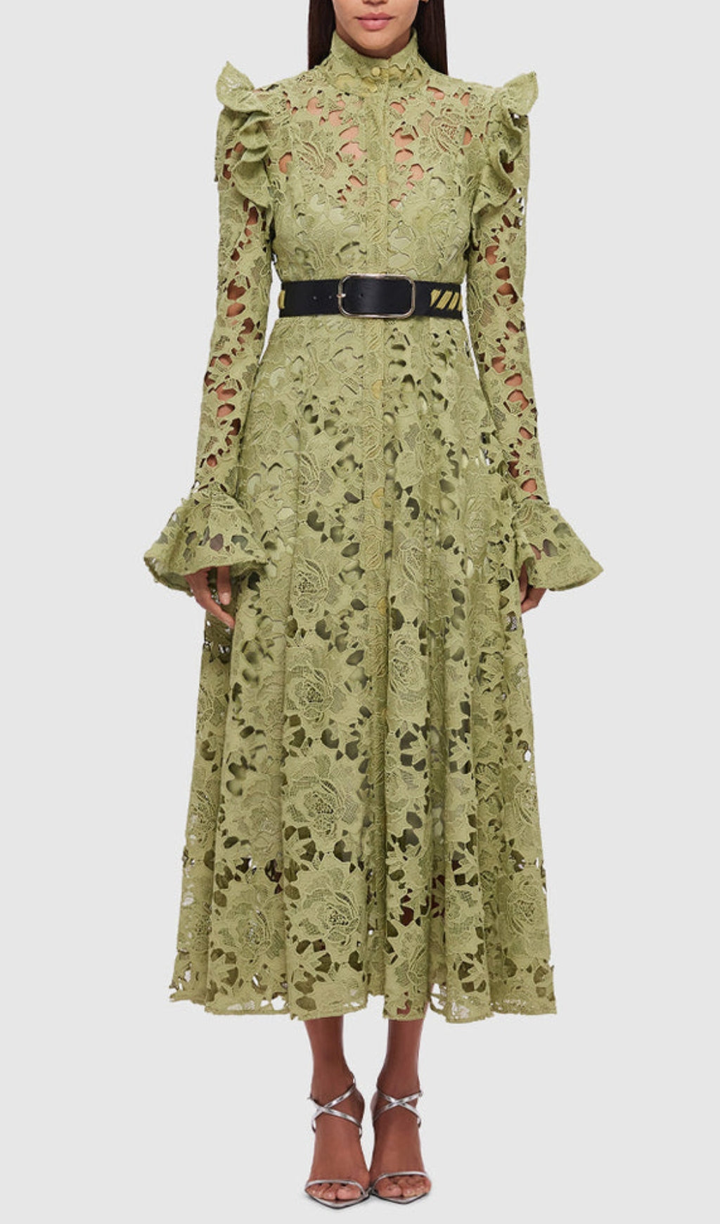 Fashionslee Women Adora Olive Lace Sleeve Midi Dress