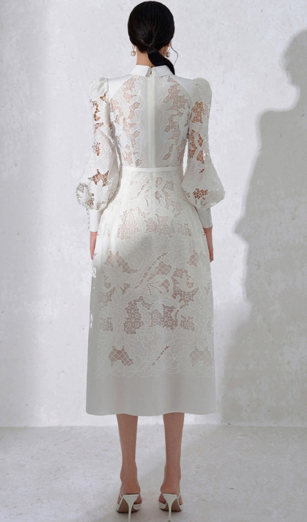 Fashionslee Women White Lace Embroidered Full Hem Midi Dress