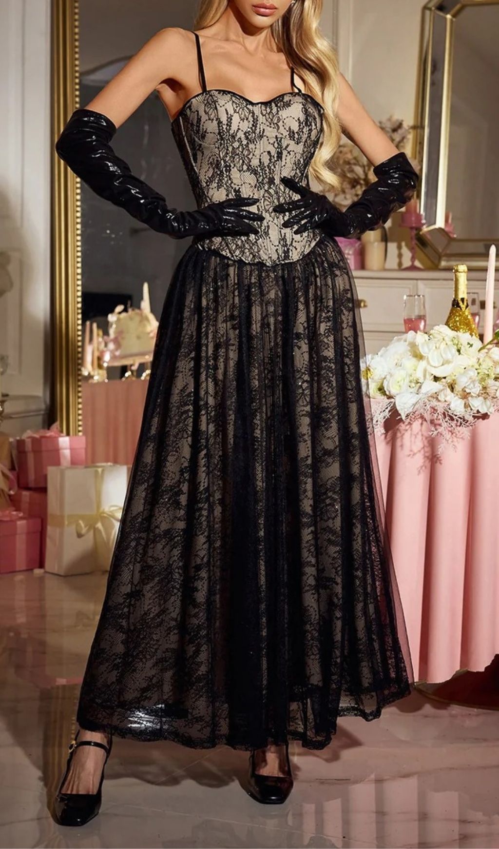 Fashionslee Women Nexorin Spaghetti Lace Sequin Maxi Dress