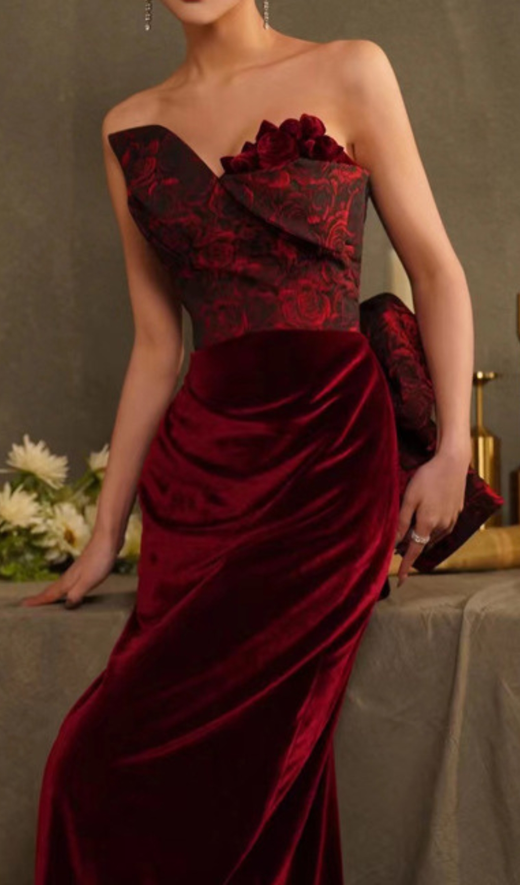 Fashionslee Women Chainey Wine Flower Velvet Maxi Dress