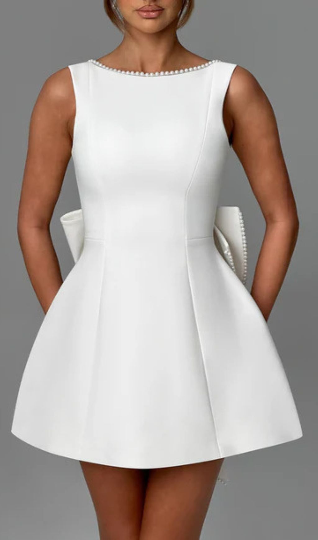 Fashionslee Women Eimear White Backless Pearl Bow Mini Dress