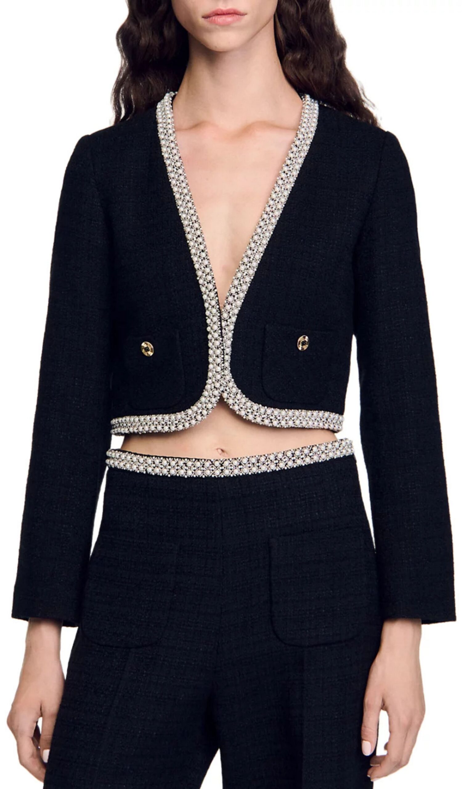 Fashionslee Women Bead Trim Cropped Tweed Jacket