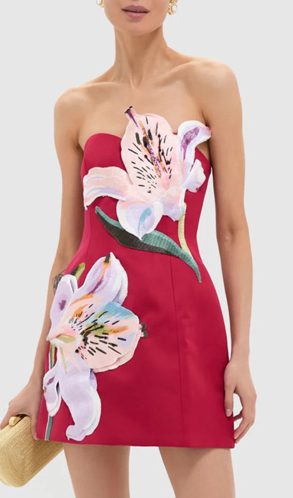Fashionslee Women Huy Rose Red Strapless Flower Mini Dress