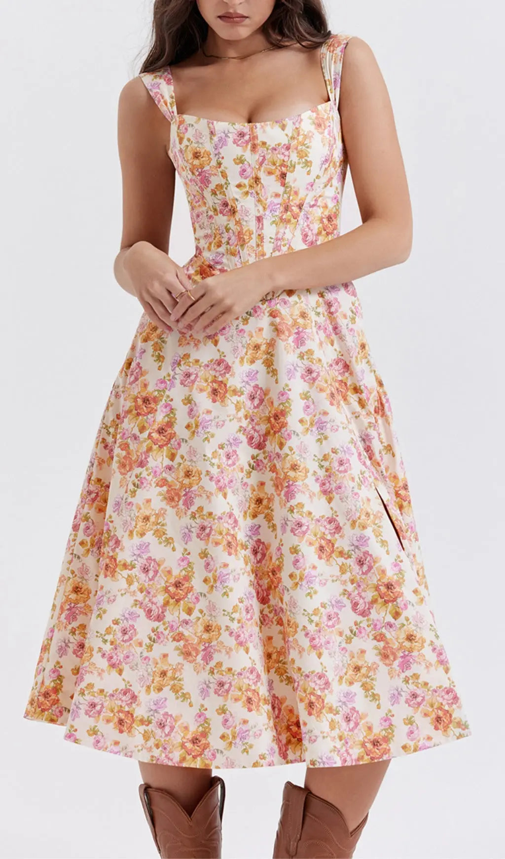 Fashionslee Women Ivory Floral Midi Sundress