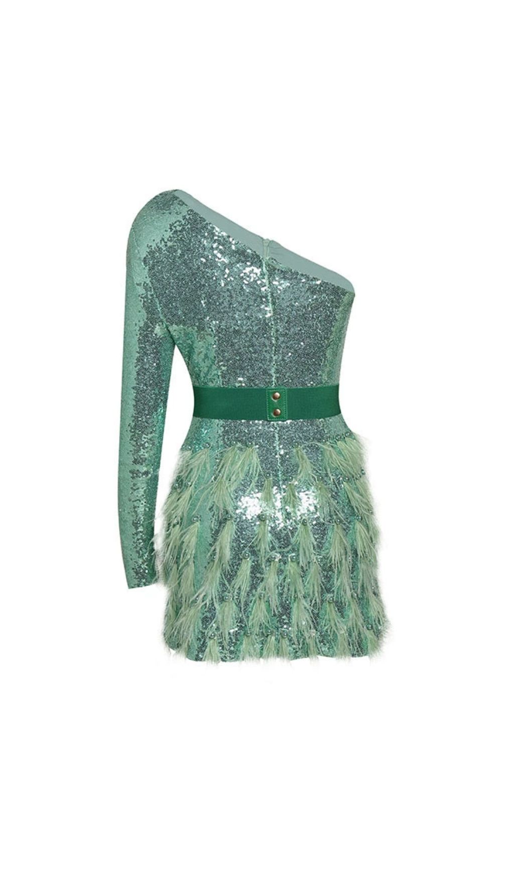 Fashionslee Women Akanksha Green Feather Sequins Mini Dress