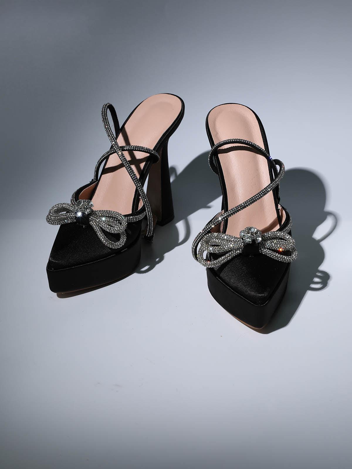 883a9bf9d9281392d10f940bfff32666.jpeg Fashionslee Women Bow Crystal Satin Heels In Black