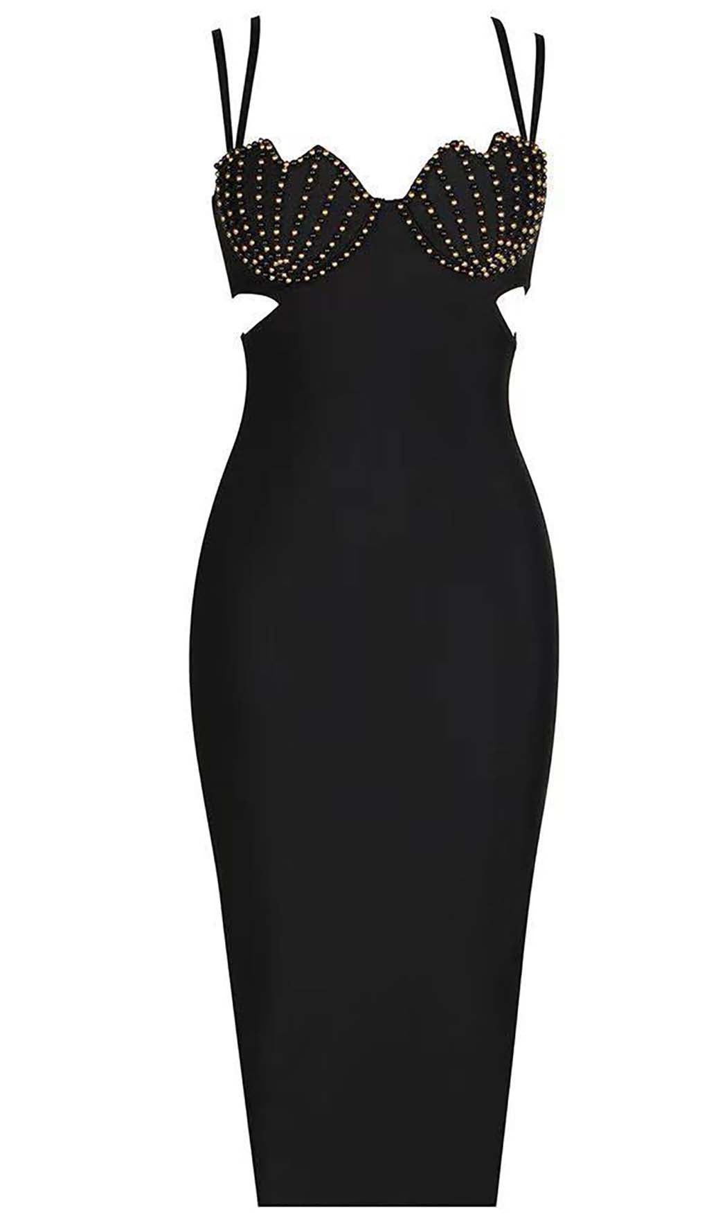 8853c8fb63e47093c704e99a9f740ee6.jpeg Fashionslee Women Shell Strap Beading Midi Dress In Black